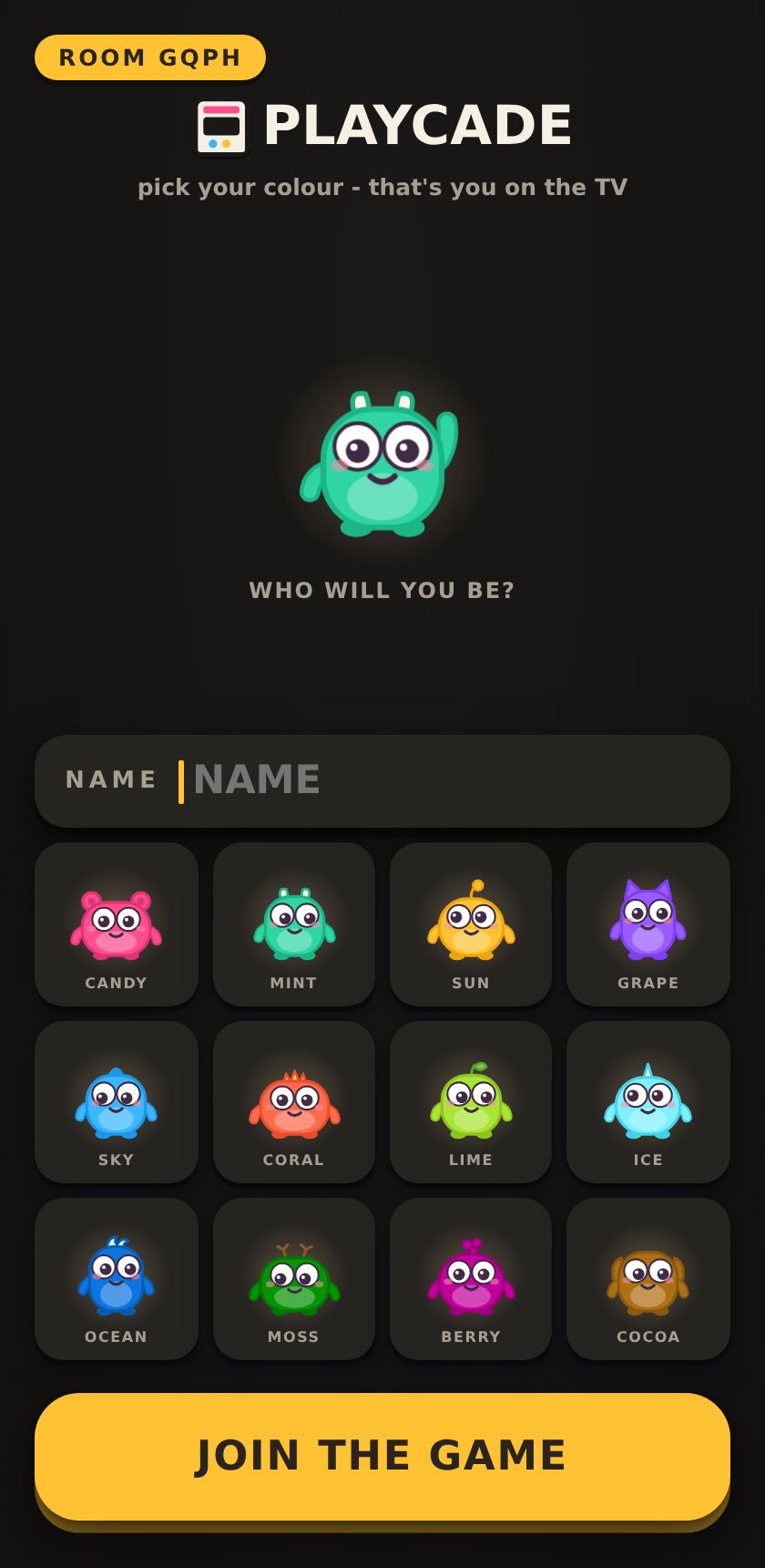 The phone join screen: pick a name and one of twelve critter colours, then JOIN THE GAME.