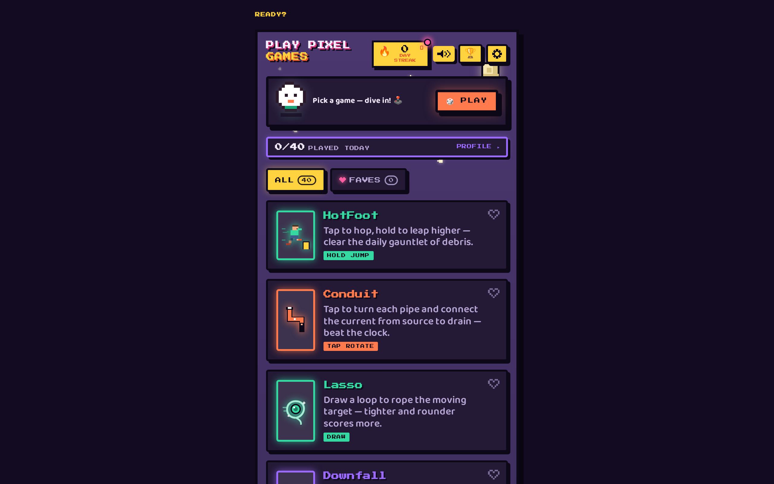 The Play Pixel Games arcade gallery - a violet CRT-styled list of games with a day-streak counter.